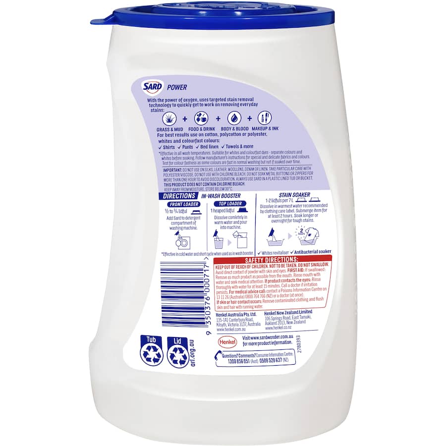 Sard Power Stain Remover Powder Soaker effectively removes stubborn stains from all fabrics using Oxy-Plus technology.