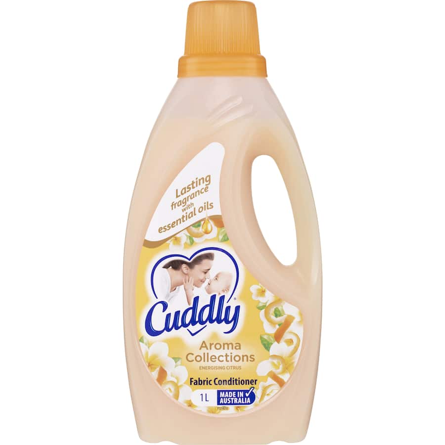 Cuddly Aroma Collections Fabric Softener in Energising Citrus enhances laundry with softening, freshness, and uplifting citrus scent.