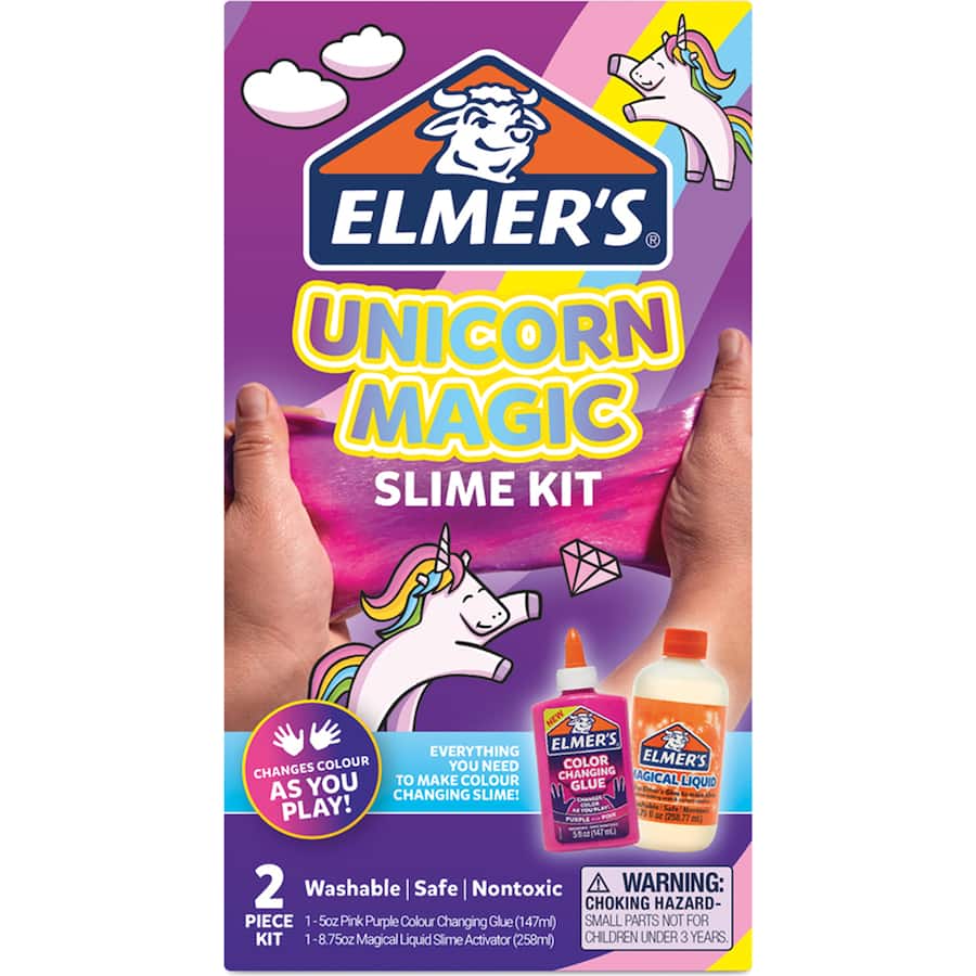 Elmers Slime Kit Unicorn Magic features colorful, glittery ingredients for creating fluffy, stretchy unicorn-themed slime.