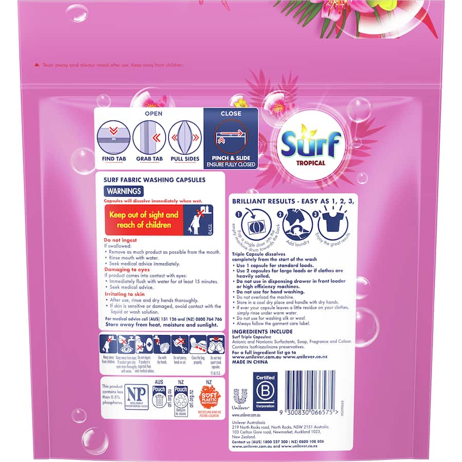 Surf Laundry Capsules Tropical in eco-friendly packaging, delivering powerful clean and vibrant floral-fruity scent for all washes.