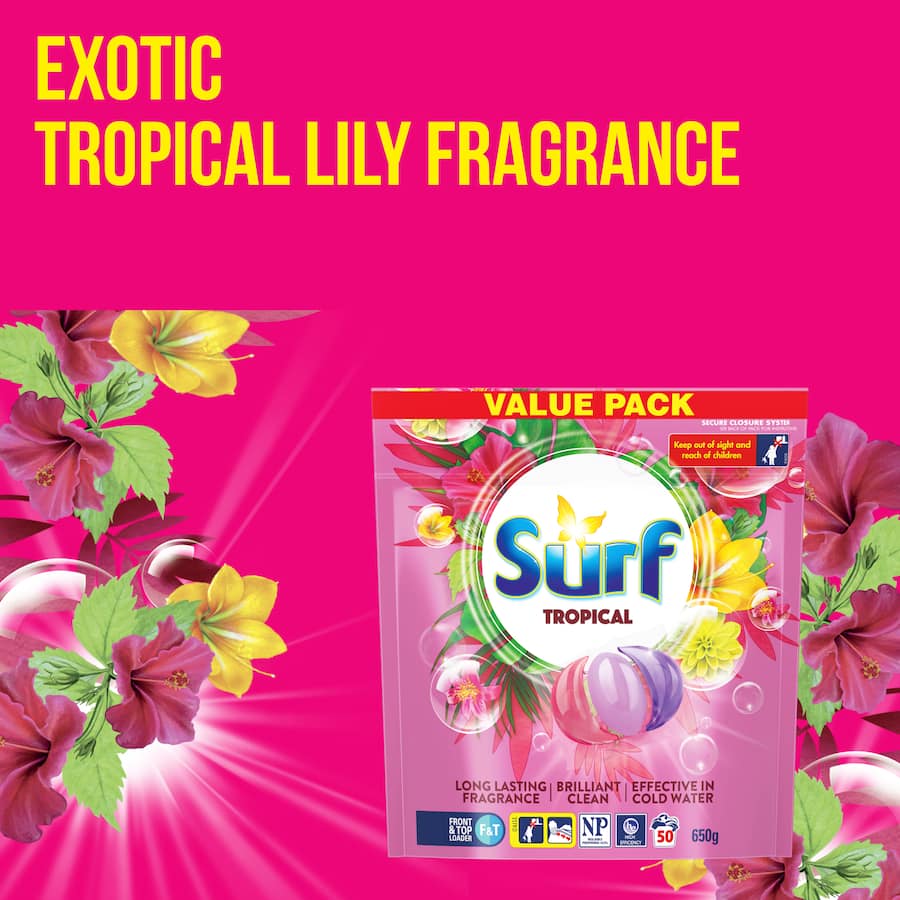 Surf Laundry Capsules Tropical offer vibrant floral and fruity fragrance for a brilliant clean in every wash. Eco-friendly packaging included.