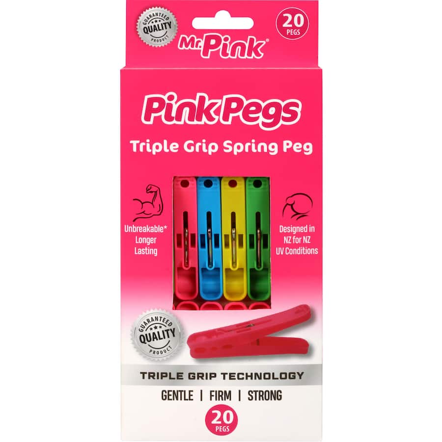 Vibrant pink clothes pegs featuring a triple grip design for secure and durable laundry holding, perfect for indoor and outdoor use.