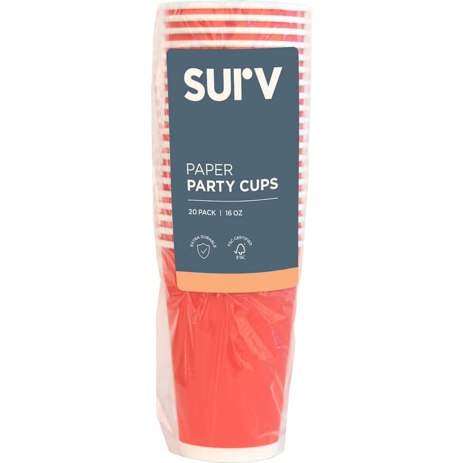 Bright red disposable 16oz paper cups, eco-friendly and perfect for parties, picnics, and hot or cold beverages.
