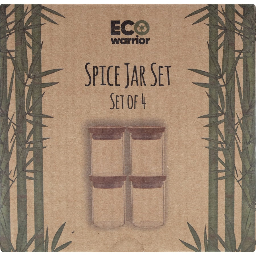 Eco-friendly spice jar set of 4, featuring durable glass, bamboo lids, and silicone seals for freshness and organization.