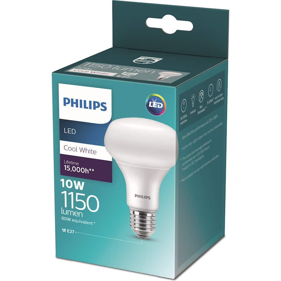 Philips LED Light Bulb 10W E27 R80, 1150 lumens, cool white glow, energy-efficient, 15-year lifespan, flicker-free lighting.