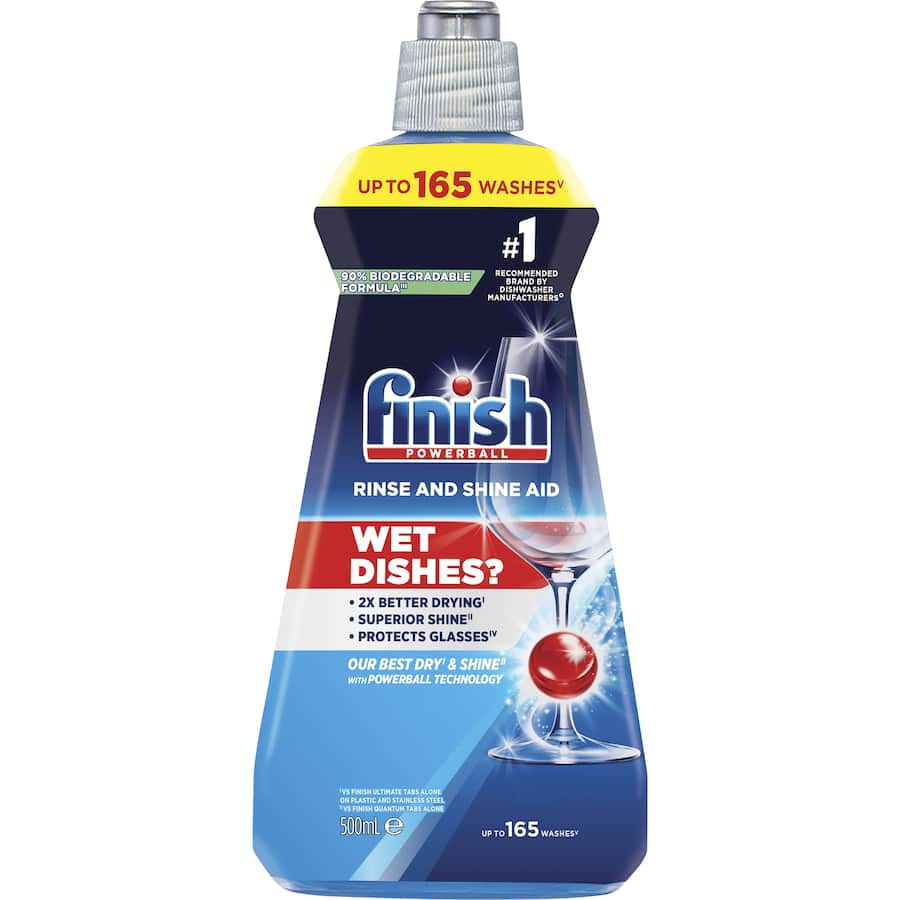 Finish Dishwasher Rinse Aid enhances drying, fights water spots, and delivers sparkling clean dishes up to 165 washes.