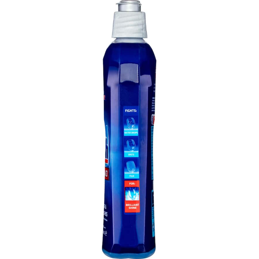 Finish Dishwasher Rinse Aid Regular enhances drying and shine for up to 165 washes, fighting spots and residue on dishes.
