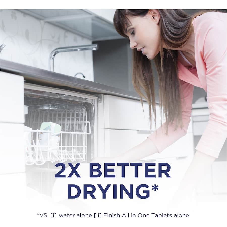 Finish Dishwasher Rinse Aid Regular for spotless, drier dishes; enhances cleaning for all dishware and fights water spots.