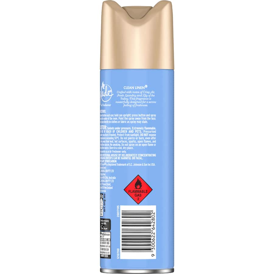 Glade Air Freshener Spray Clean Linen, a powerful odor eliminator that infuses your home with a fresh, laundry-like scent.