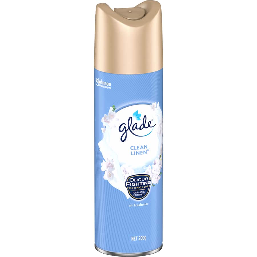 Glade Air Freshener Spray in Clean Linen, delivering a fresh laundry scent and eliminating odors for any room.