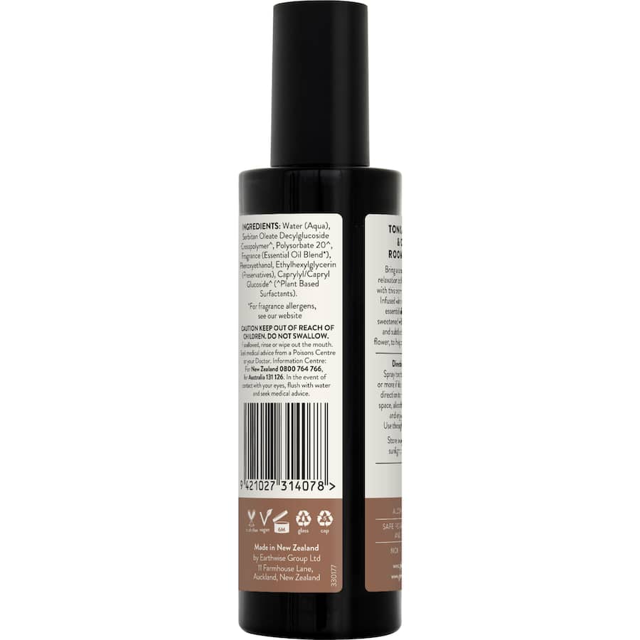 Luxurious air freshener in a matte black glass bottle, featuring calming Tonka Bean and Chai scents, safe for homes with pets.