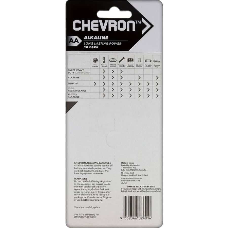 Chevron Alkaline AA Batteries pack of 10, offering long-lasting energy for toys, remotes, and assorted devices.