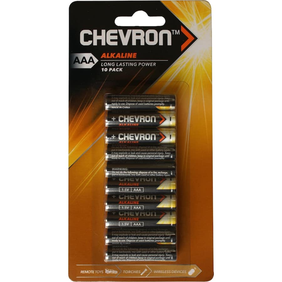 Chevron Alkaline AAA Batteries in a 10-pack, providing long-lasting power for toys, torches, and remote controls.