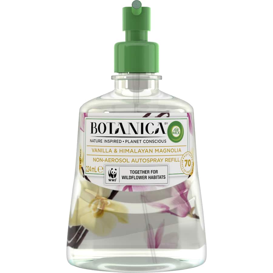 Air Wick Botanica Automatic Spray Refill in Vanilla & Himalayan Magnolia, eco-friendly and lasts up to 70 days with adjustable intensity.