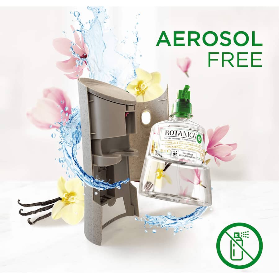 Air Wick Botanica refill featuring Vanilla & Himalayan Magnolia for automatic, eco-friendly air freshening up to 70 days.