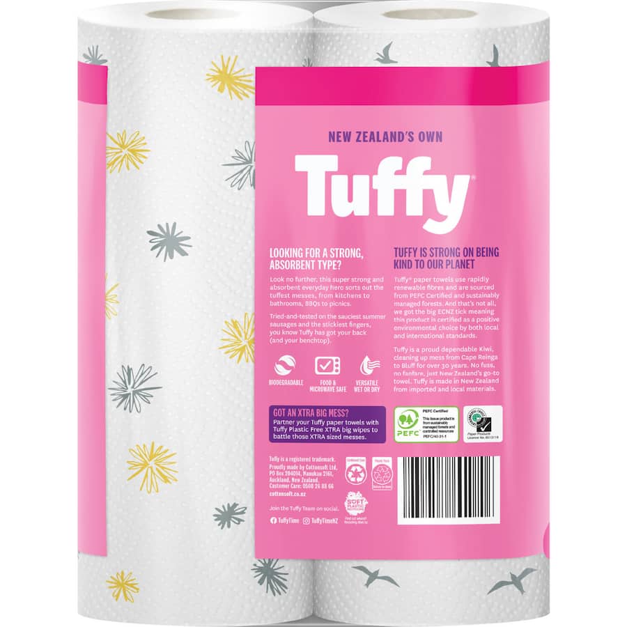 Tuffy Paper Towels Print: Strong, absorbent paper towels in a new pack, ideal for tackling tough messes around the home.