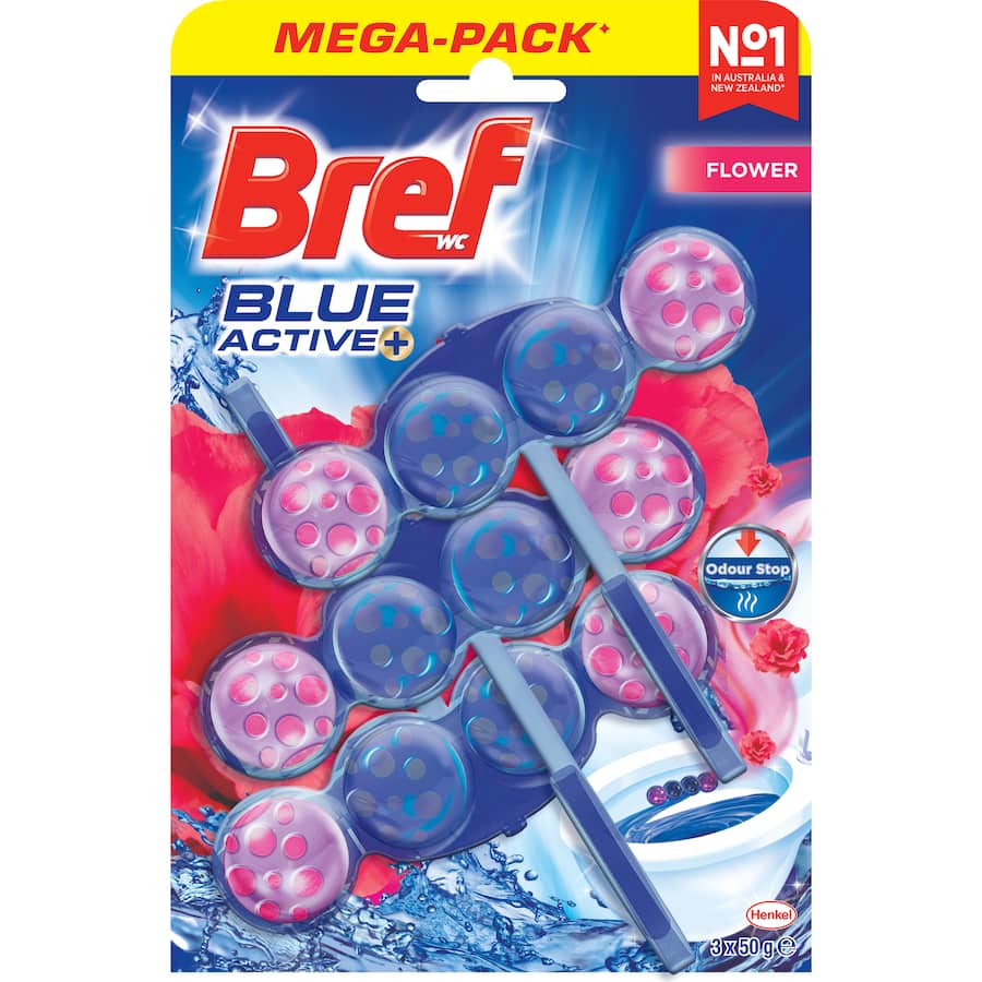 Bref Blue Active Toilet Flush in Flower Blossom, a rim block with Odour Stop Technology for freshness and stain removal.