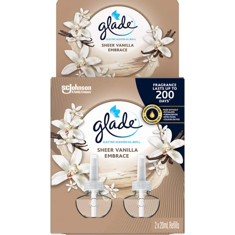 Glade Scented Oil Plug In Sheer Vanilla Embrace, featuring a sleek design and lasting vanilla fragrance for a soothing home atmosphere.