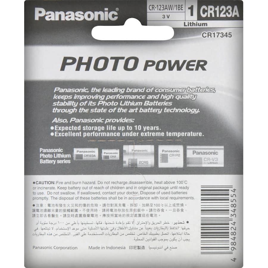 Panasonic CR123A camera battery, lightweight lithium power source for cameras, lighting, safety equipment, and more.
