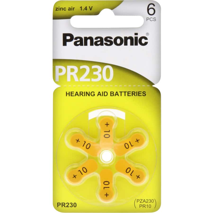Panasonic Hearing Aid Battery PR70/PR536, lightweight zinc-air batteries with 20% more capacity for reliable hearing aid performance.