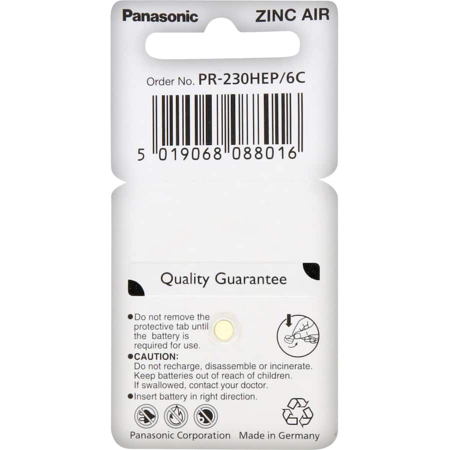 Panasonic Hearing Aid Battery PR70/PR536: zinc-air batteries with 20% more capacity, reliable power, and lightweight comfort.