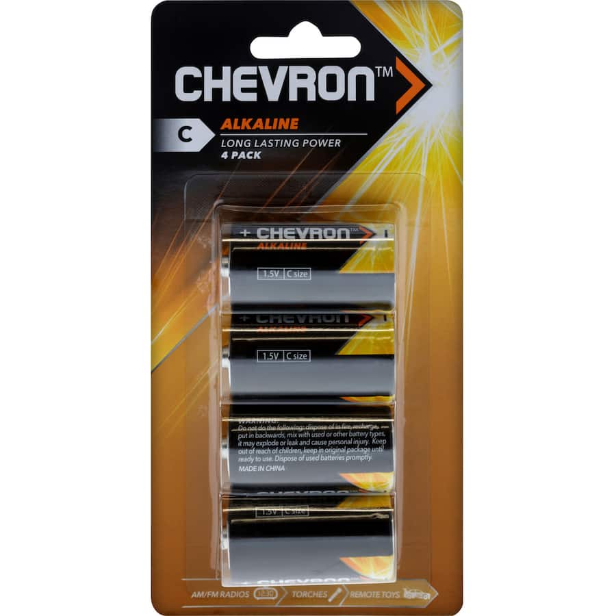 Chevron Alkaline C Batteries pack of 4, durable and long-lasting power for high-demand devices like radios and toys.