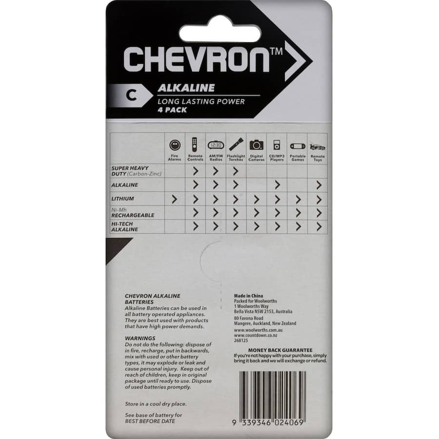 Chevron Alkaline C Batteries in a 4-pack, reliable power solution for high-demand devices like radios and toys.
