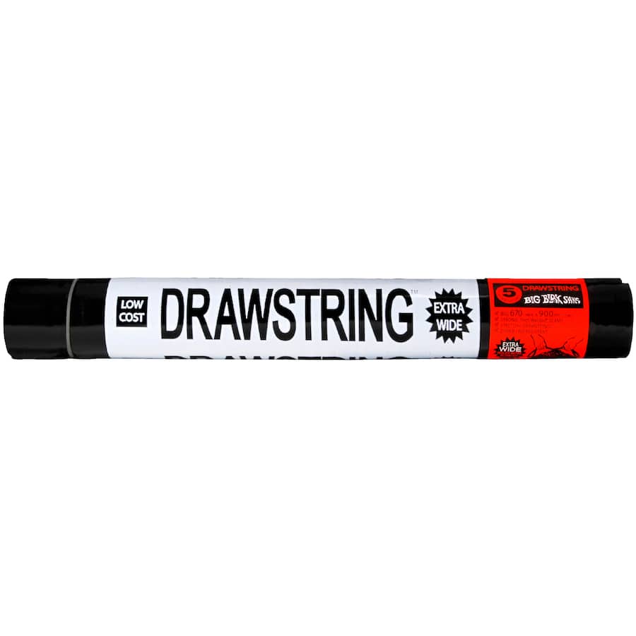 Extra-large black rubbish bags with drawstrings, made from recycled plastic, ideal for tough clean-ups, 75 litres capacity.