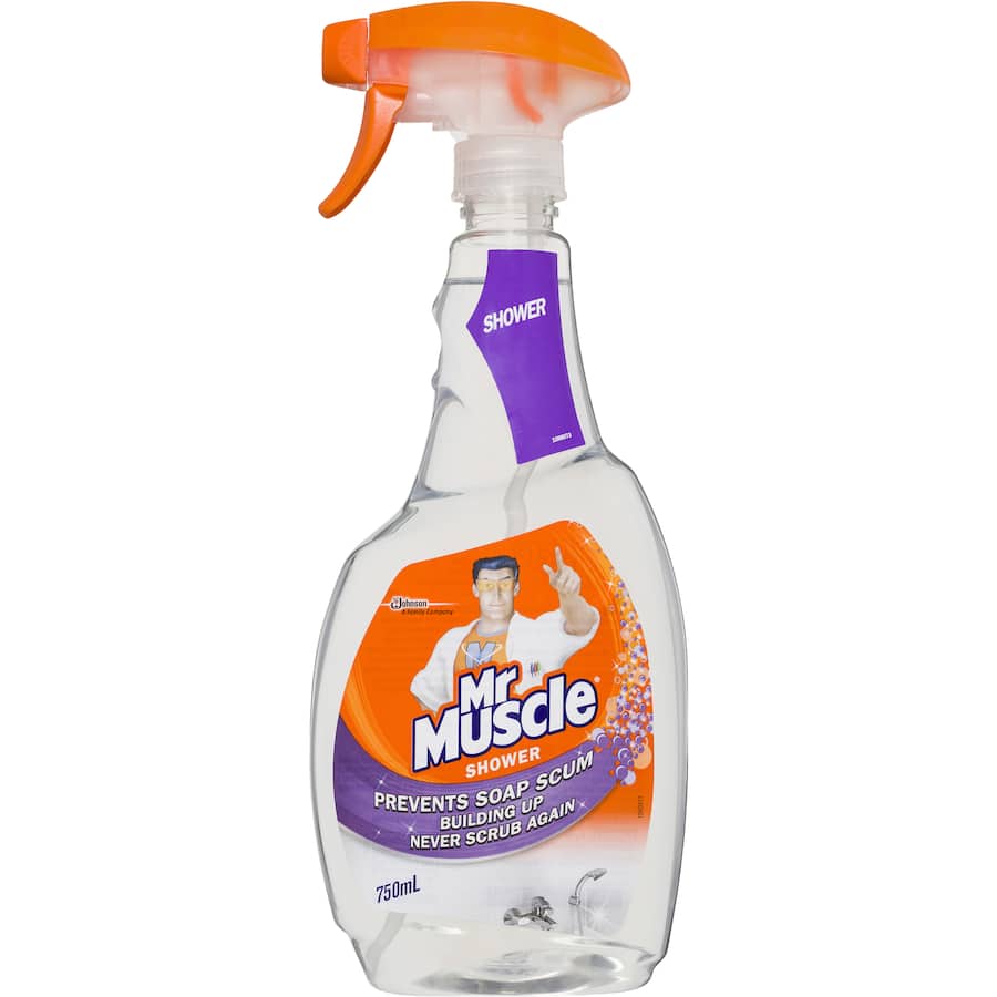 Mr Muscle Shower Cleaner Trigger bottle showcasing its powerful, no-scrub formula for effortless shower cleaning.