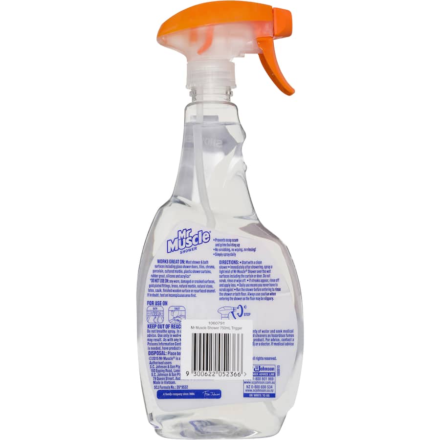 Mr Muscle Shower Cleaner Trigger bottle for effortless daily cleaning of showers, preventing soap scum and mildew buildup.