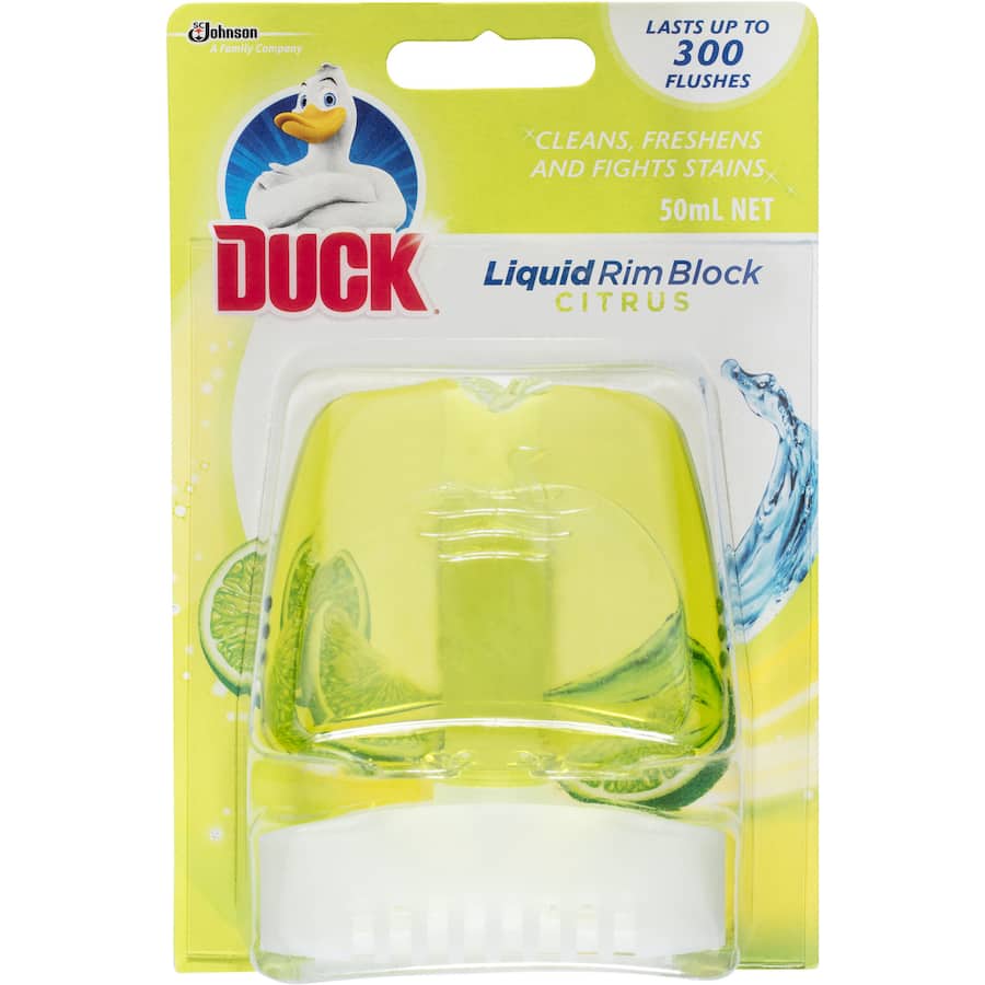 Duck Toilet Flush Lime Splash liquid rim block, freshens with lime scent, cleans and fights stains for up to 300 flushes.