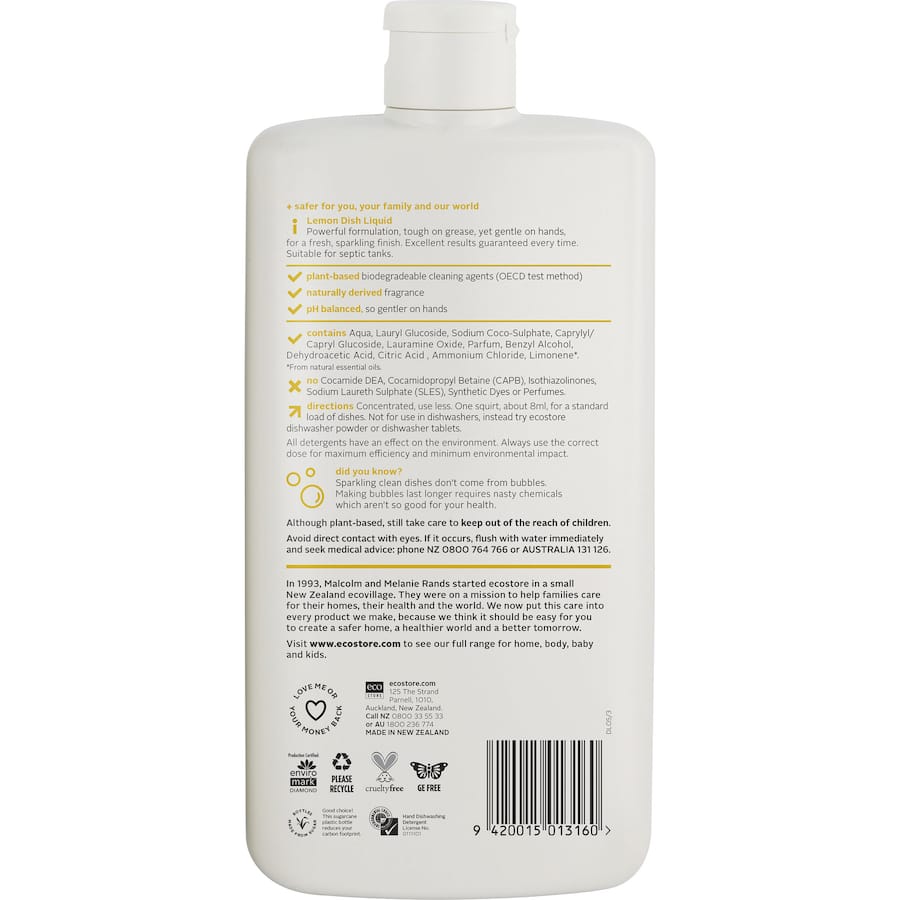 Ecostore Dishwash Liquid Lemon in a recyclable bottle, featuring a plant-based formula for gentle yet powerful dish cleaning.