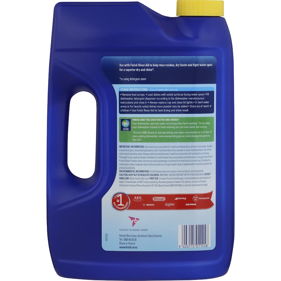 Finish Dishwasher Powder Lemon in a box, featuring a 2x concentrate formula for sparkling clean, lemon-scented dishes.