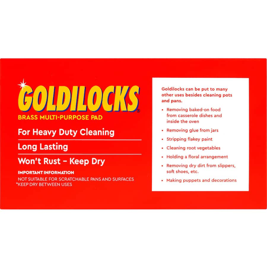 Goldilocks Non Rusting Scourer Twin Pack, durable brass pads for versatile cleaning and creative household uses.
