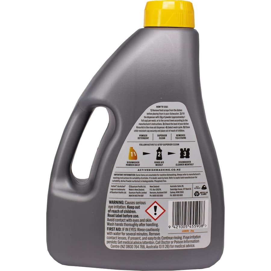 Active Dishwasher Powder Lemon in a vibrant yellow package, designed for sparkling clean dishes with a refreshing lemon scent.