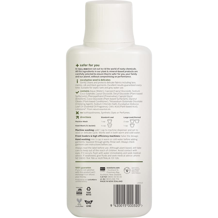 Ecostore Woolwash & Delicates in a recyclable bottle, ideal for cleaning and protecting wool and delicate fabrics.