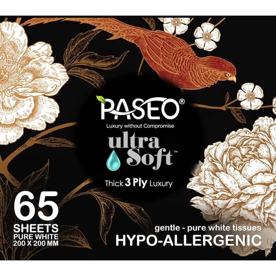 Paseo Ultra Soft Tissues cube featuring hypoallergenic, 3-ply tissue for gentle skin care and eco-friendly sourcing.