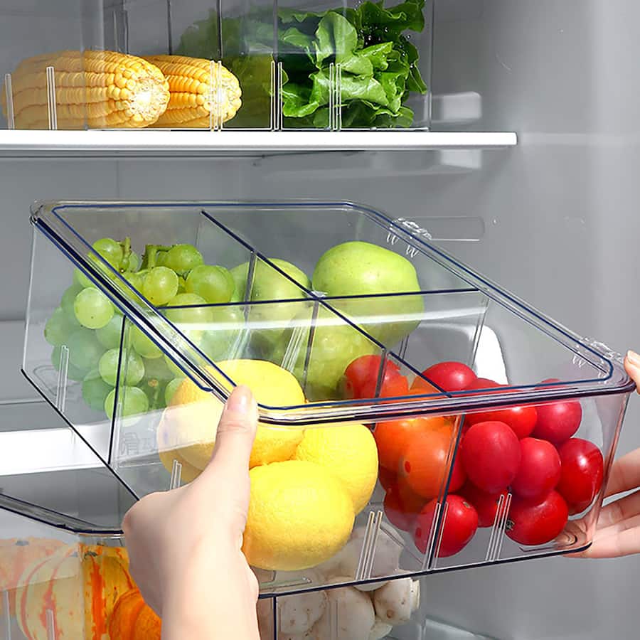Clear divided fridge storage container from Kate's Kitchen for organized food storage and easy access to snacks and ingredients.