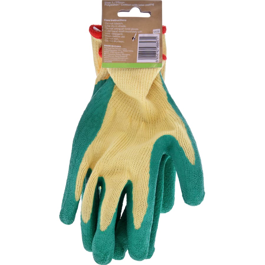 Vibrant green latex garden gloves with knit lining, providing comfort, protection, and grip for all gardening tasks.