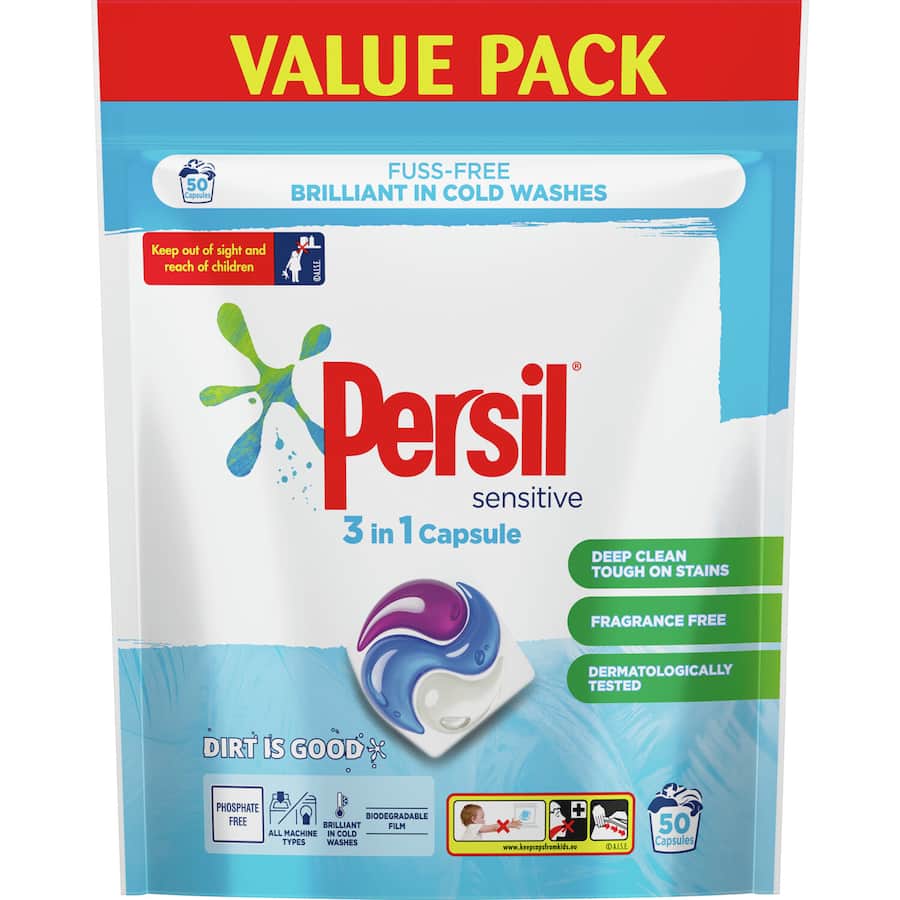 Persil Laundry Capsules 3 In 1 Sensitive Value Pack for effective, gentle laundry care, dermatologically tested, and stain-fighting.