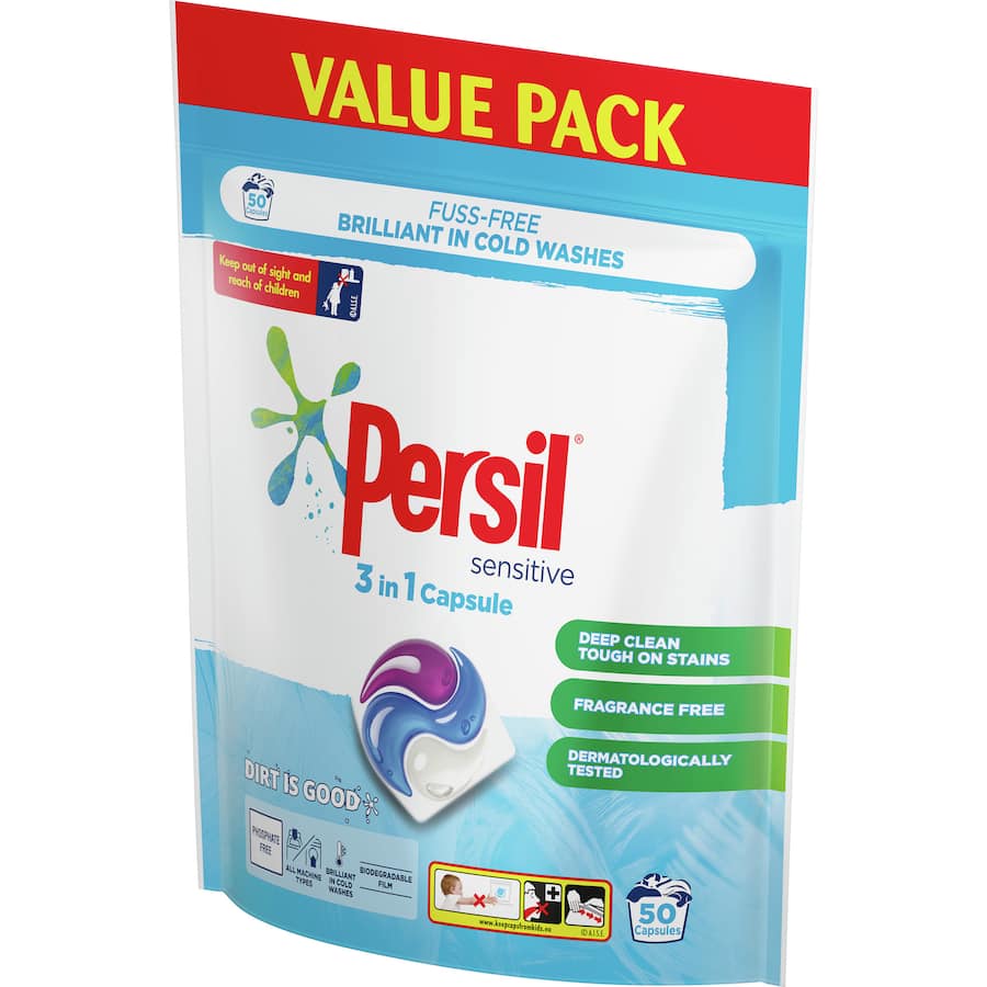 Persil Laundry Capsules 3 In 1 Sensitive Value Pack for effective laundry care with stain removal, suitable for sensitive skin.
