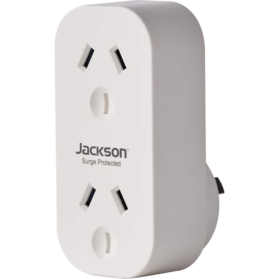 Jackson Double Adaptor with surge protection, vertical design for space-saving, perfect for laptops and chargers.