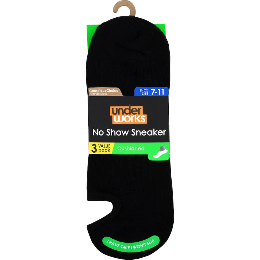 Underworks men's no show cushioned socks, size 7-11, offer comfort, moisture-wicking, and non-slip design for daily wear.