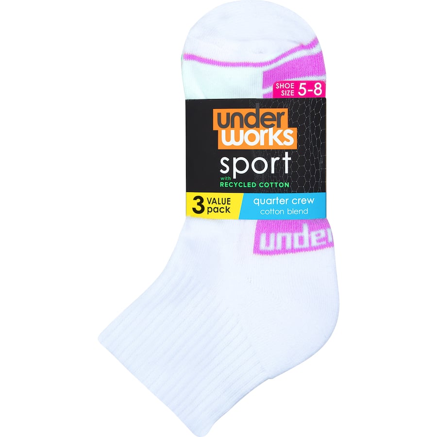 Underworks Ladies Sport Quarter Crew Socks (size 5-8) offer comfortable, breathable support for active lifestyles with cushioned soles.