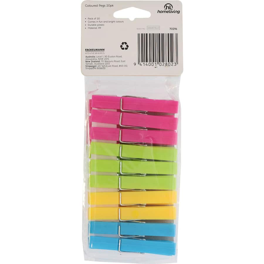 Vibrant pack of 20 durable plastic clothes pegs, perfect for laundry and crafts, in fun colors for added style.
