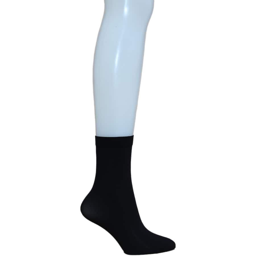 Black opaque anklet featuring a 70 denier fabric, wide band for comfort, and reinforced toe, perfect for versatile styling.
