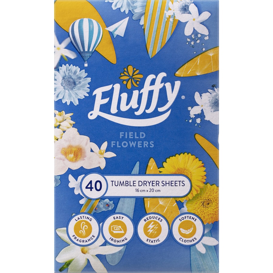 Fluffy Dryer Sheets in Field Flowers scent, offering softness, static reduction, and versatility for freshening spaces.