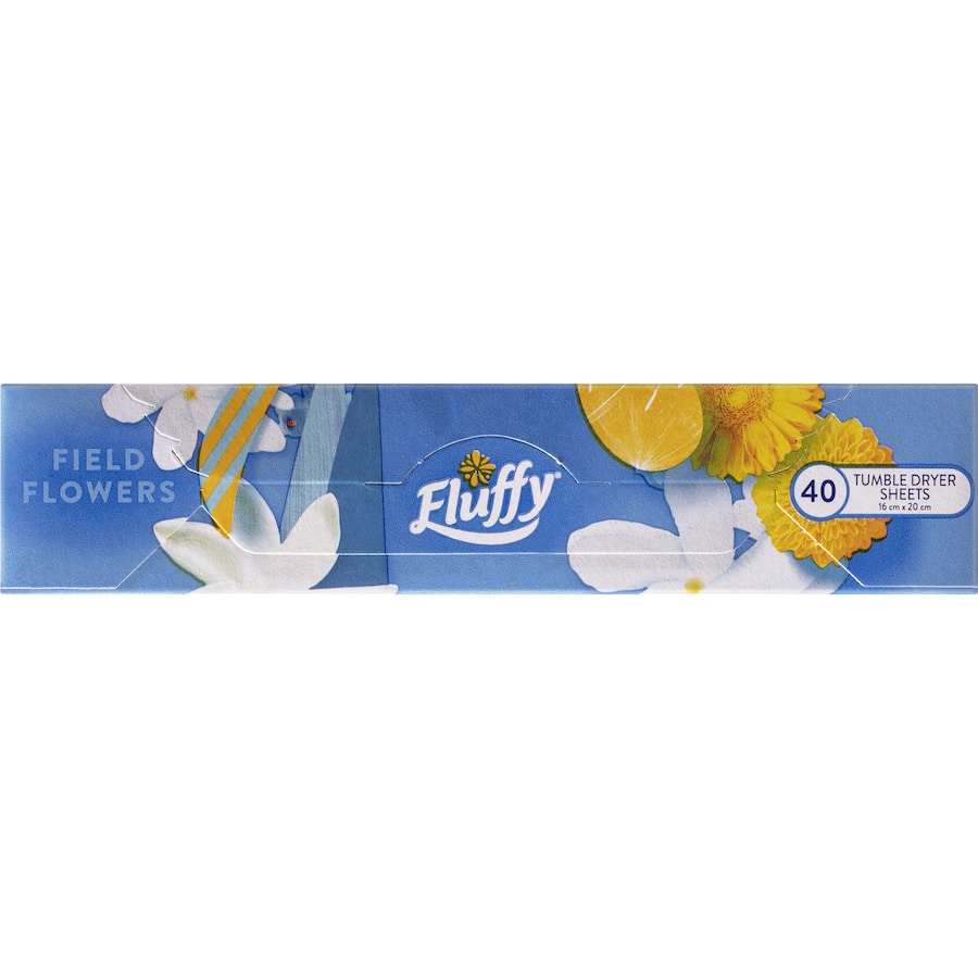 Fluffy dryer sheets in Field Flowers scent, providing softness, static reduction, and fresh floral fragrance for laundry.