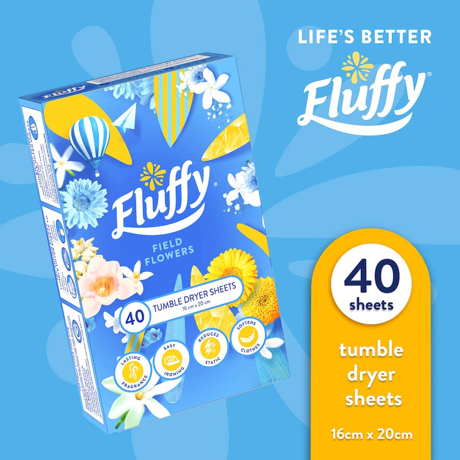 Fluffy Dryer Sheets in Field Flowers scent, softening fabrics, reducing static, and adding a fresh floral aroma to laundry.