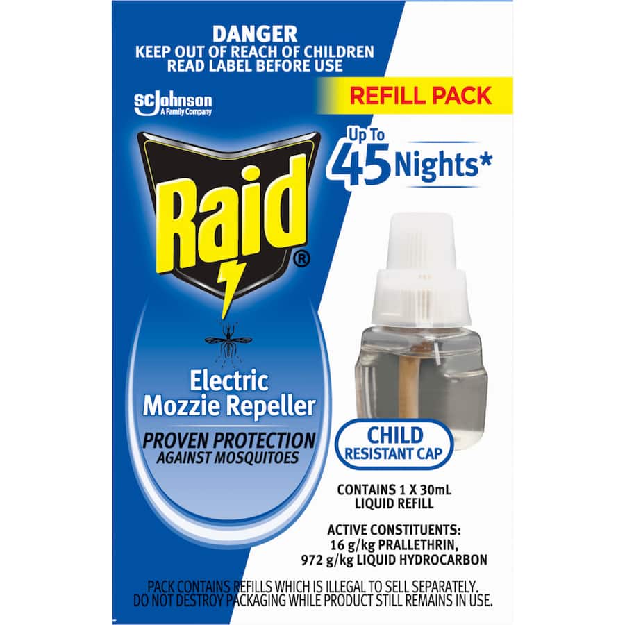 Raid Insect Control 45 Night Mozzie Refill bottle, protects against mosquitoes for 45 nights, ensuring peaceful sleep.